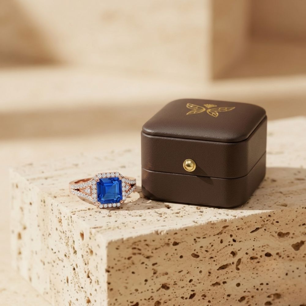 The Royal Azure Horizon | Asscher Cut Blue Sapphire & Lab-Grown Diamond Halo Ring