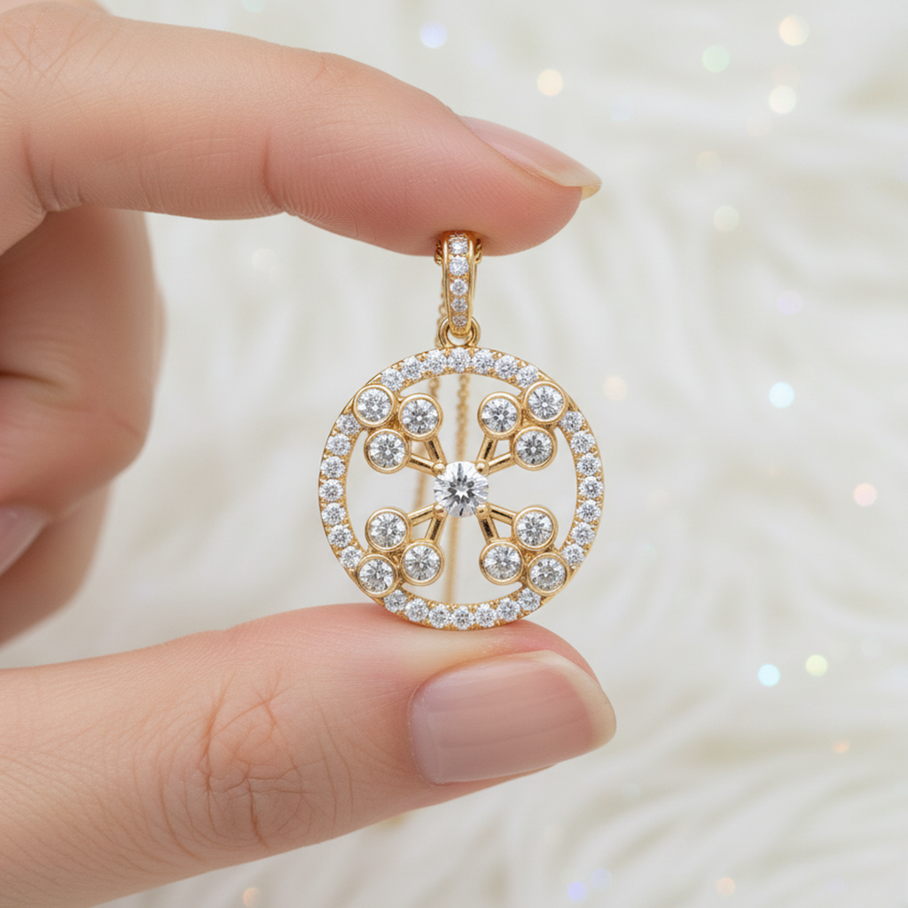 Vintage Cross Circle Pendant – 925 Silver CVD Diamond Necklace