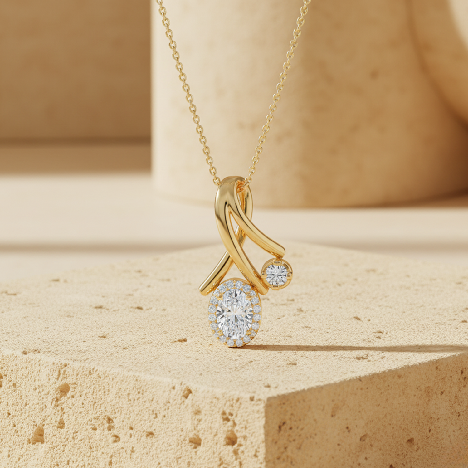 Twist Duo Stone CVD Diamond Pendant – 925 Silver Minimal Gold Necklace