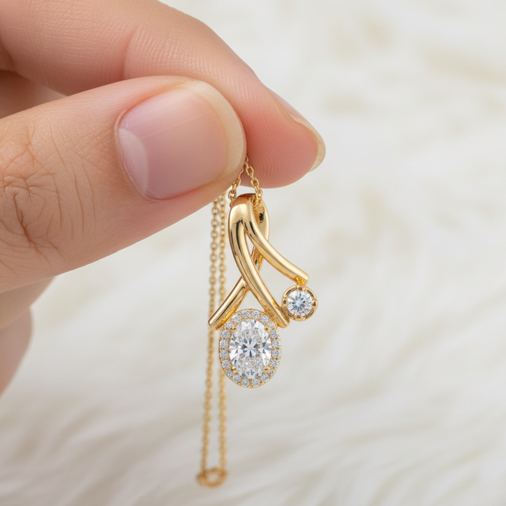 Twist Duo Stone CVD Diamond Pendant – 925 Silver Minimal Gold Necklace