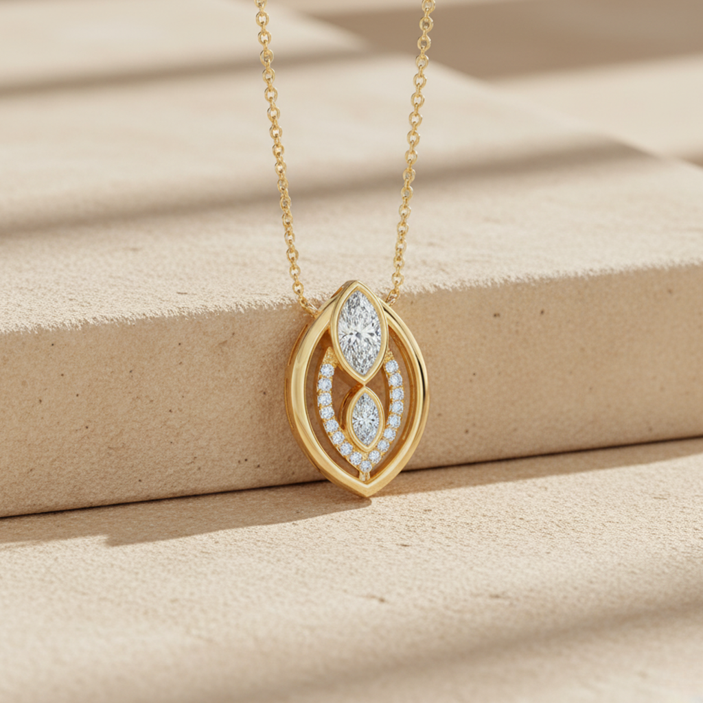 Marquise Double Halo Pendant – 925 Silver CVD Diamond Gold Necklace