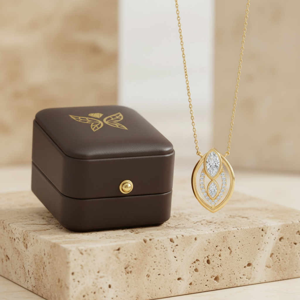 Marquise Double Halo Pendant – 925 Silver CVD Diamond Gold Necklace