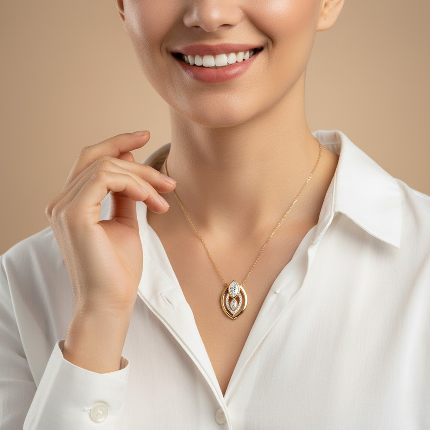 Marquise Double Halo Pendant – 925 Silver CVD Diamond Gold Necklace