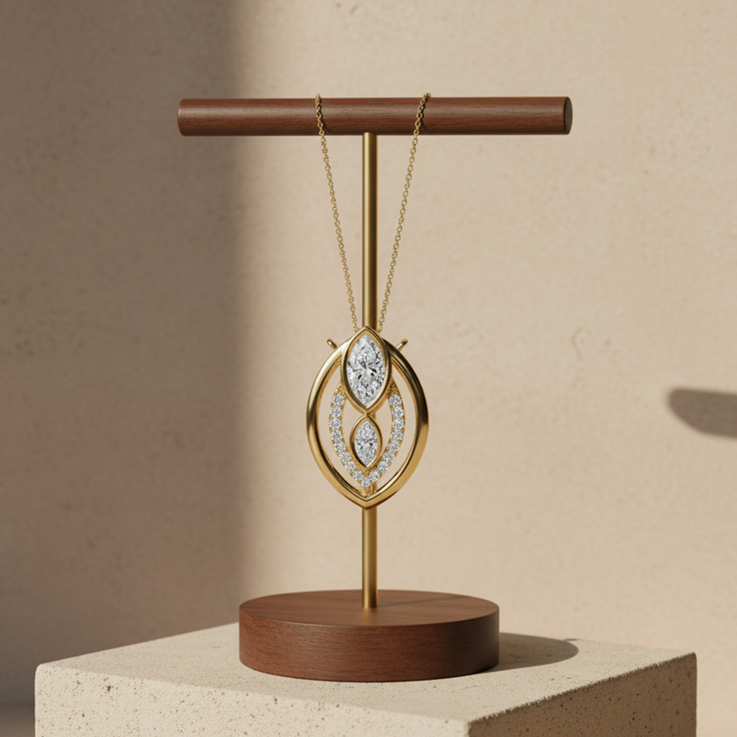 Marquise Double Halo Pendant – 925 Silver CVD Diamond Gold Necklace