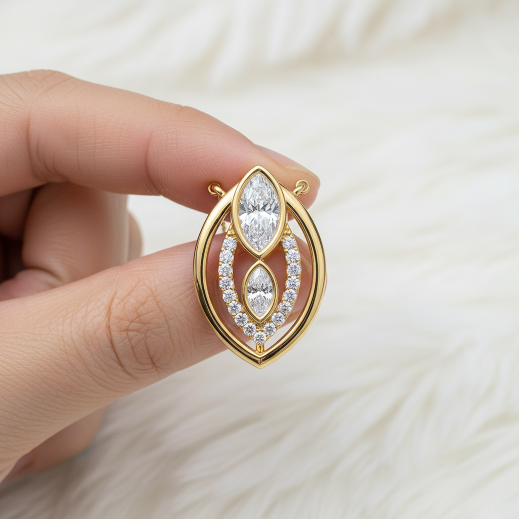 Marquise Double Halo Pendant – 925 Silver CVD Diamond Gold Necklace