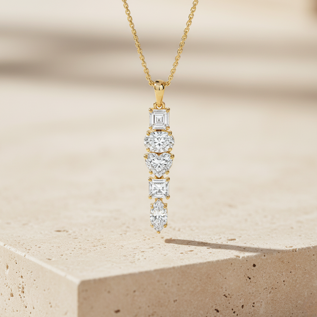 Vertical Drop Diamond Pendant – 925 Silver CVD Diamond Gold Necklace