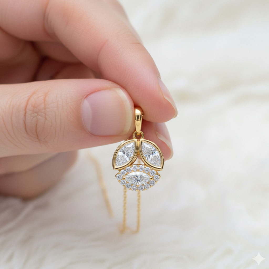 Cluster Marquise Diamond Pendant – 925 Silver Gold Necklace