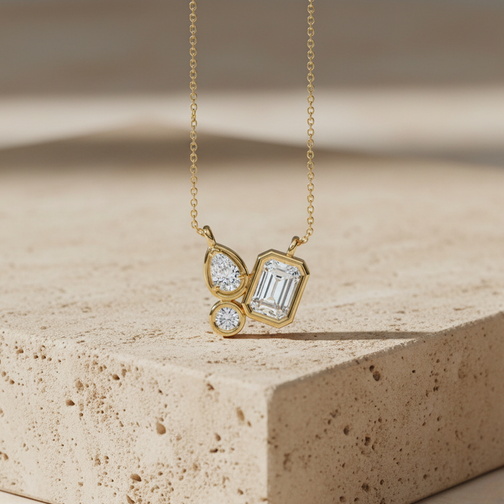 Geometric Diamond Pendant Necklace – 925 Silver Minimal Modern Jewelry