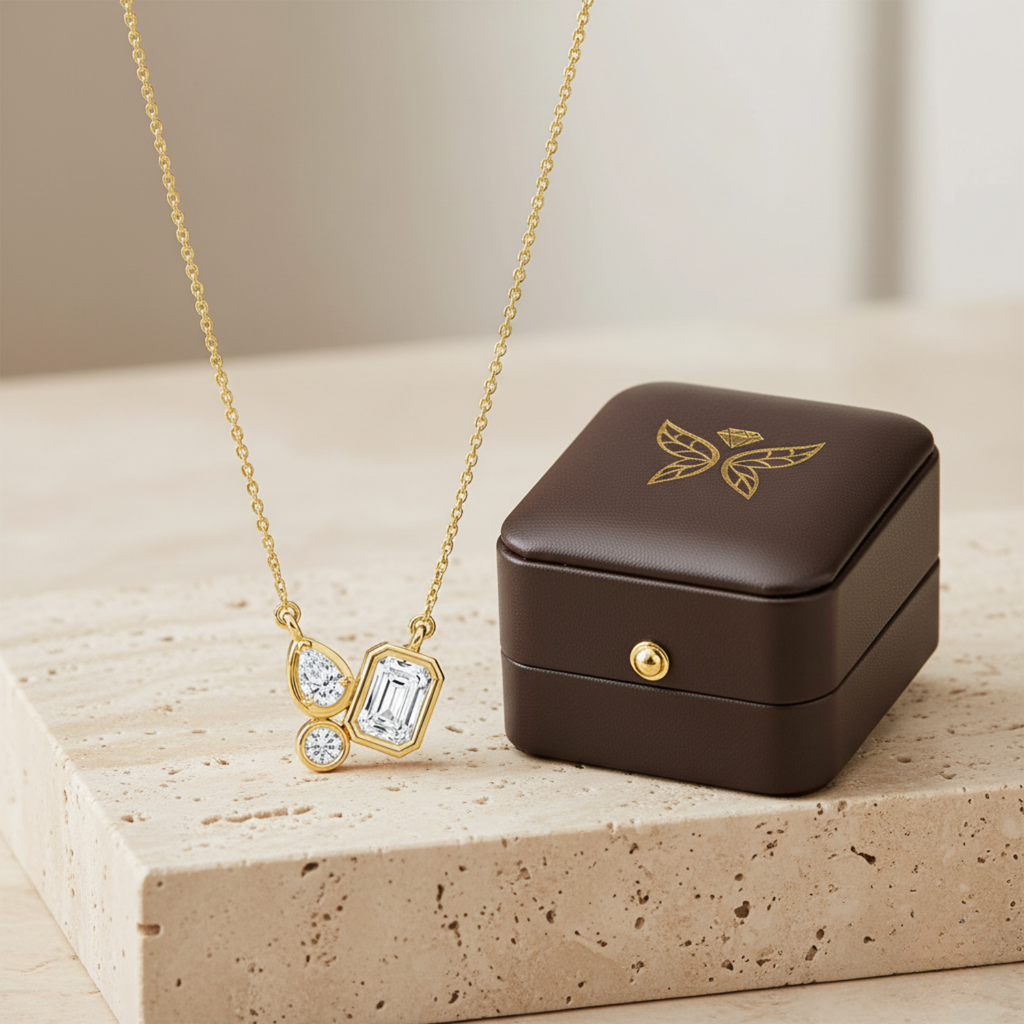 Geometric Diamond Pendant Necklace – 925 Silver Minimal Modern Jewelry