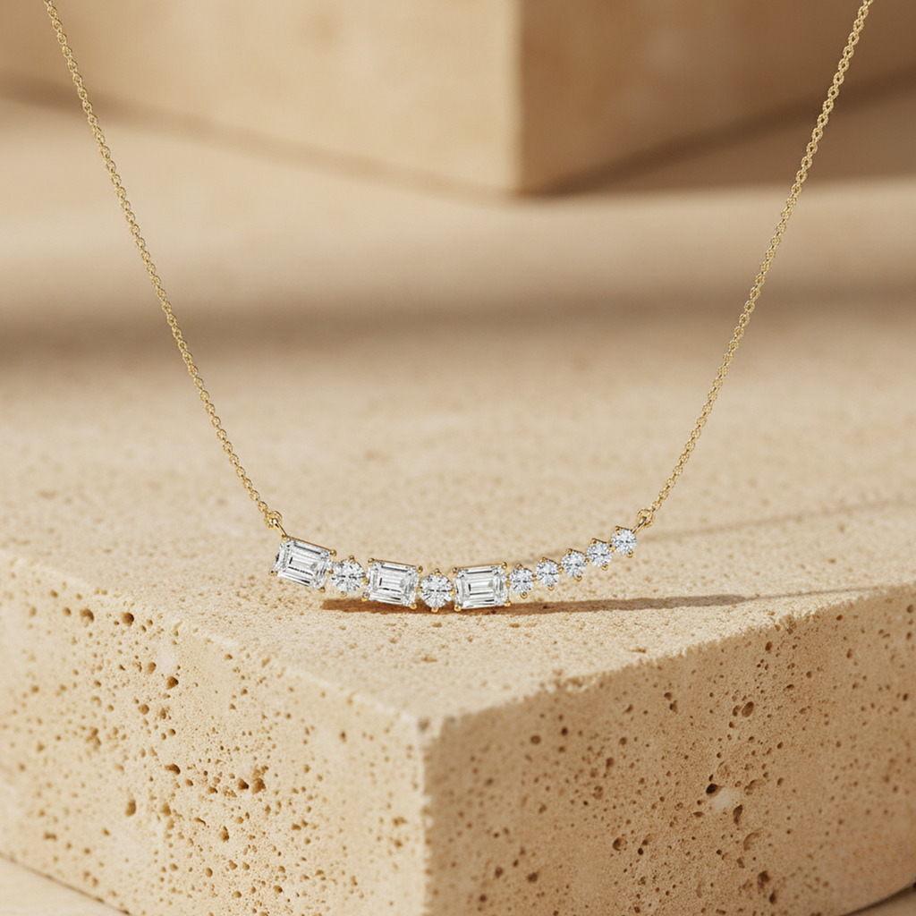 Baguette Cut CVD Diamond Bar Necklace – 925 Silver