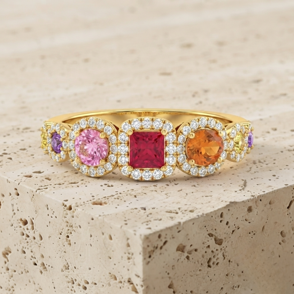The Luminous Multi-Gemstone Halo Statement Ring