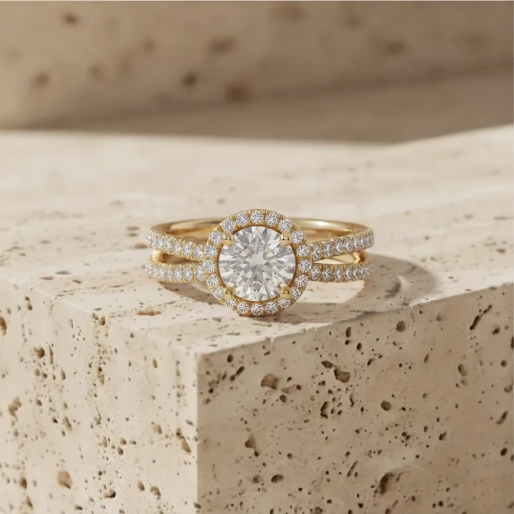 The Luminous Round Halo Split-Shank Statement Ring