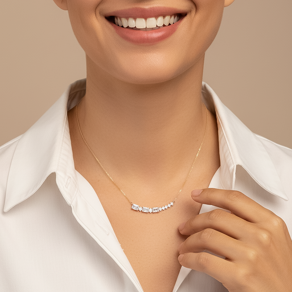 Baguette Cut CVD Diamond Bar Necklace – 925 Silver