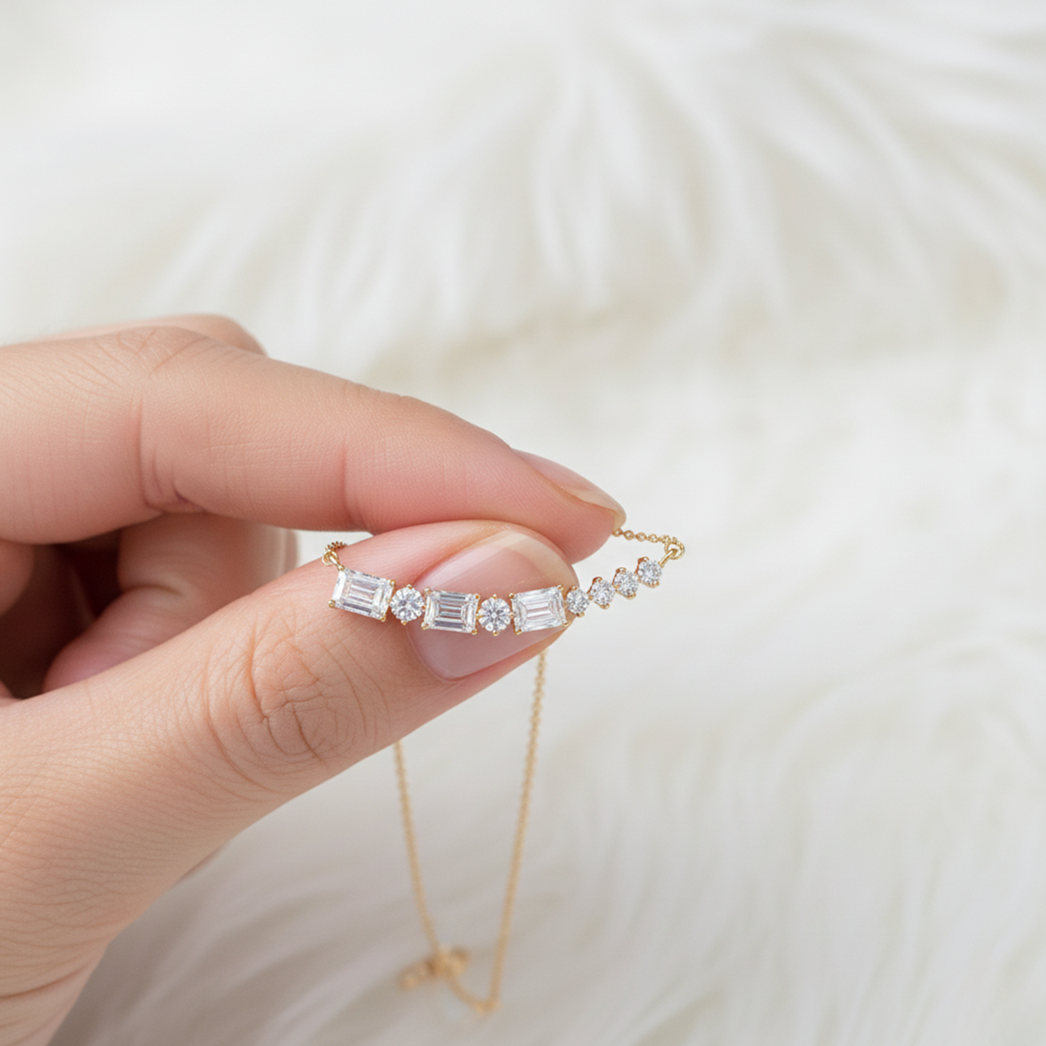 Baguette Cut CVD Diamond Bar Necklace – 925 Silver