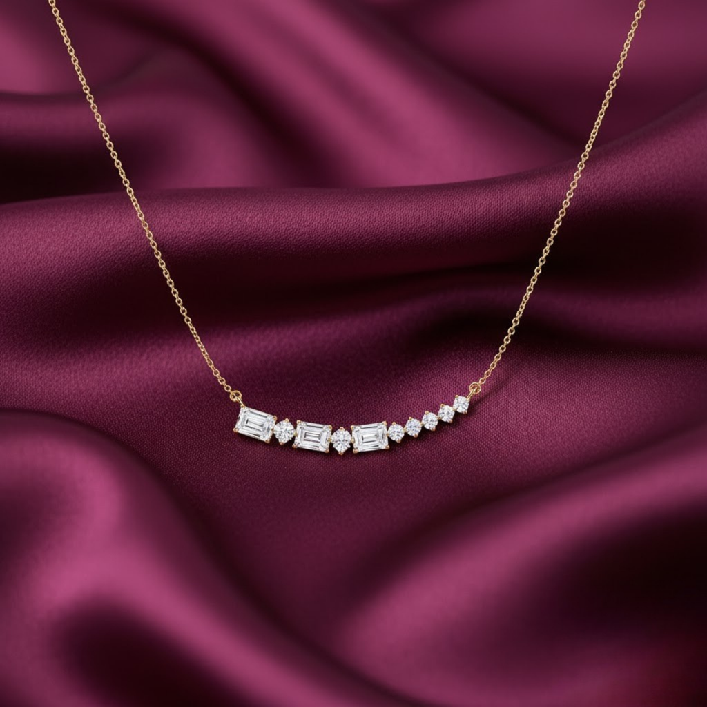 Baguette Cut CVD Diamond Bar Necklace – 925 Silver