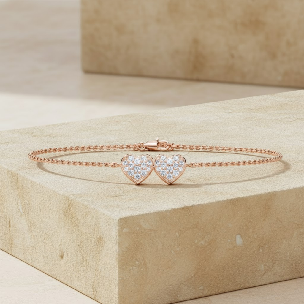 Floral Double Heart CVD Diamond Bracelet – 925 Silver