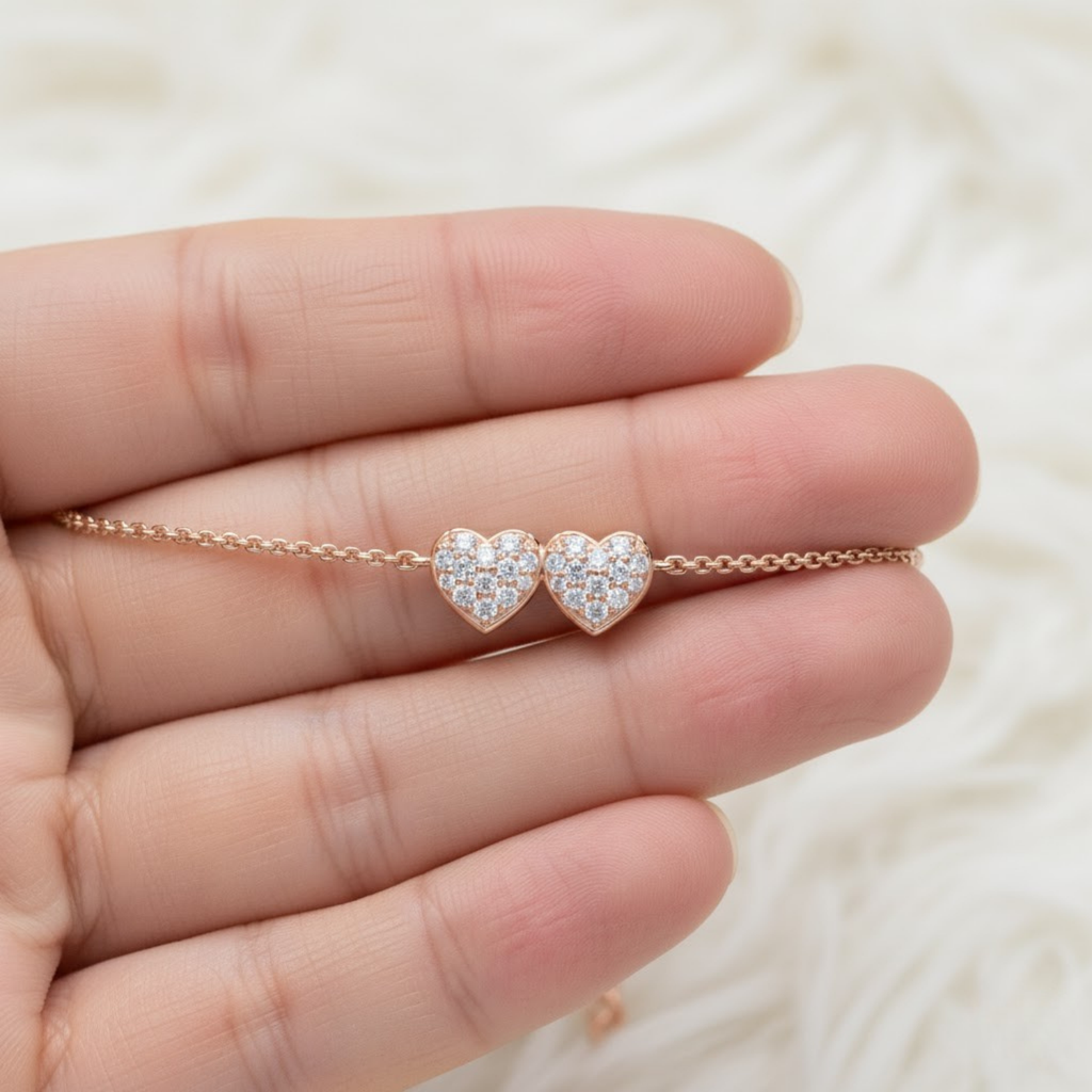 Floral Double Heart CVD Diamond Bracelet – 925 Silver