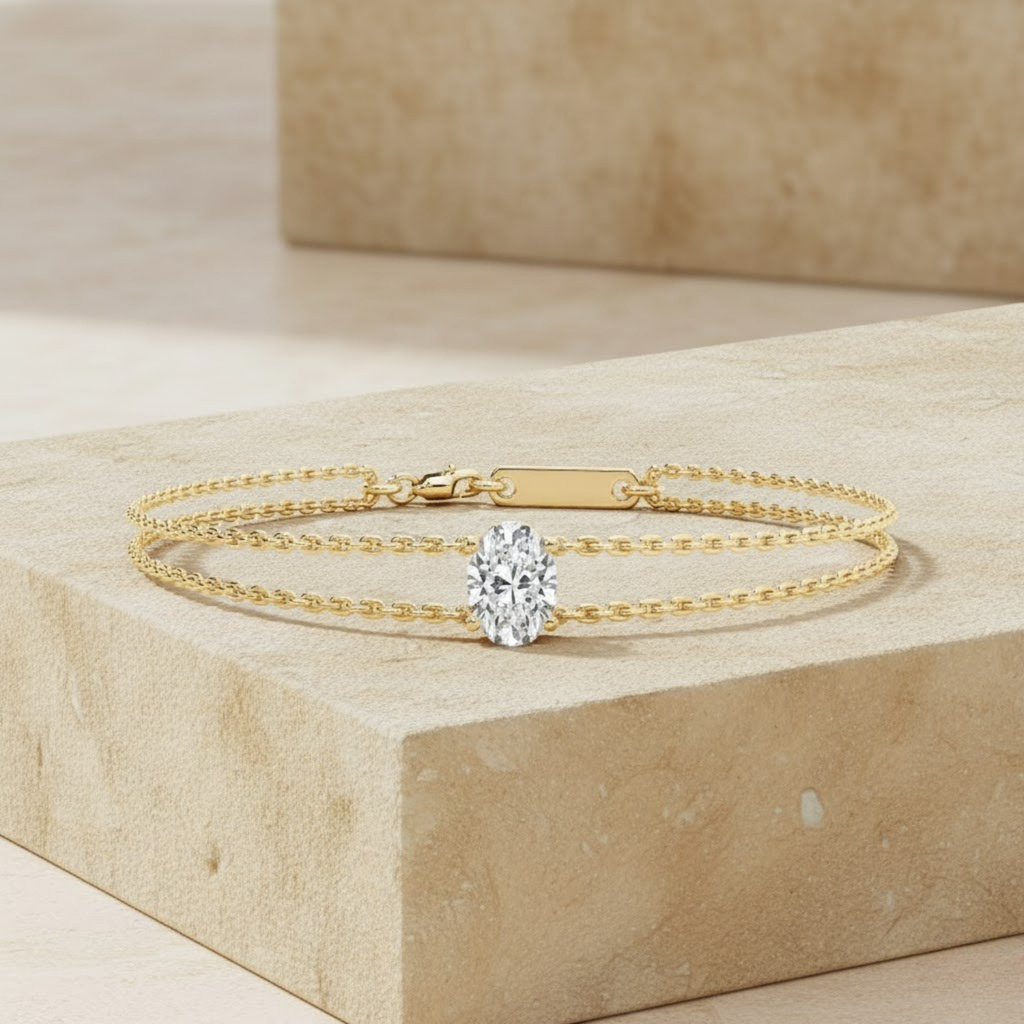 Oval Solitaire Double Chain Bracelet – 925 Silver