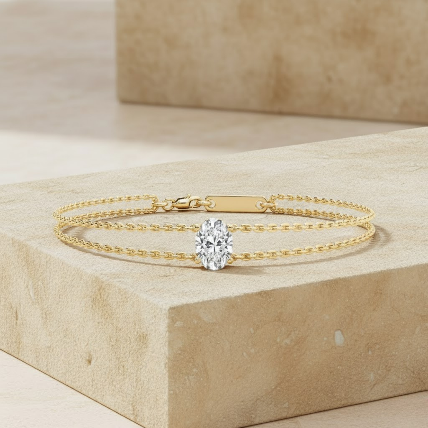 Oval Solitaire Double Chain Bracelet – 925 Silver