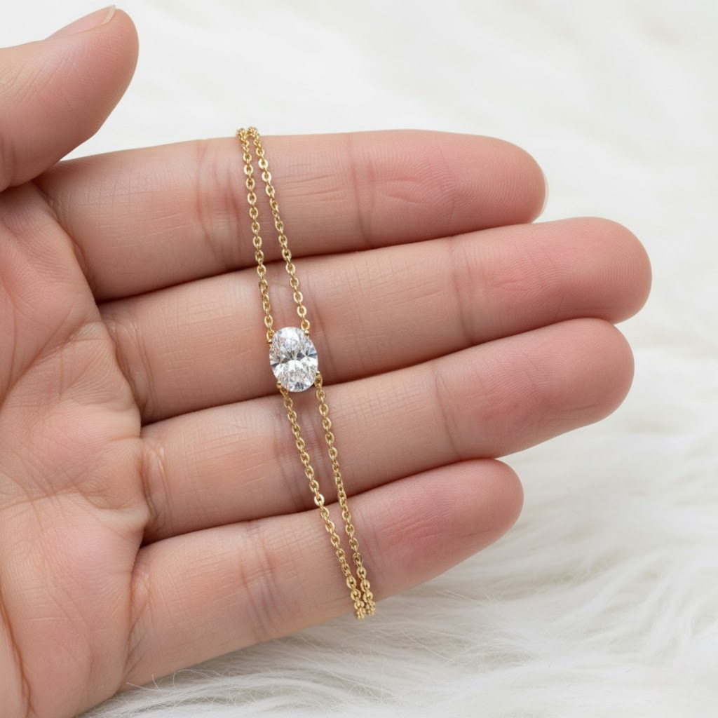 Oval Solitaire Double Chain Bracelet – 925 Silver
