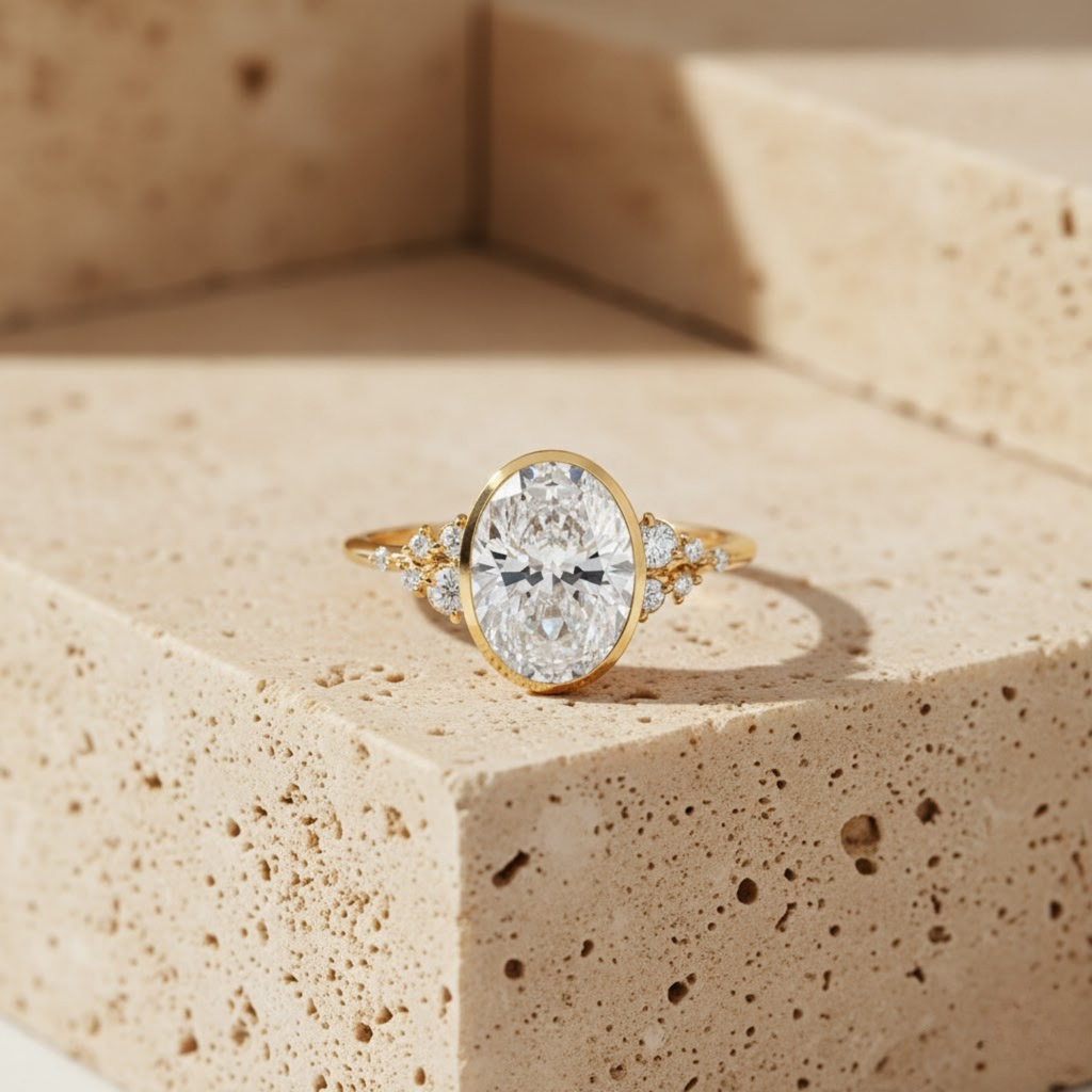 Oval Bezel Solitaire CVD Diamond Ring – 925 Silver Minimalist Engagement Ring