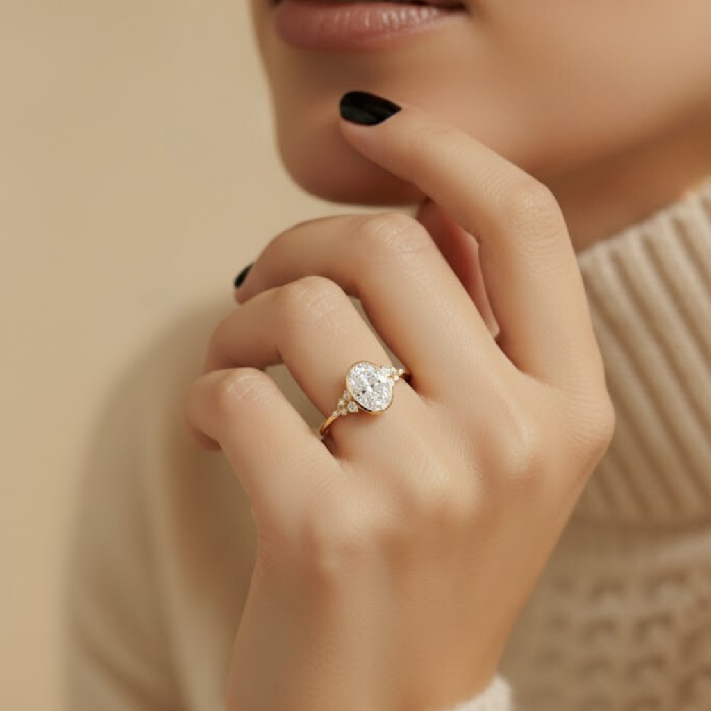 Oval Bezel Solitaire CVD Diamond Ring – 925 Silver Minimalist Engagement Ring