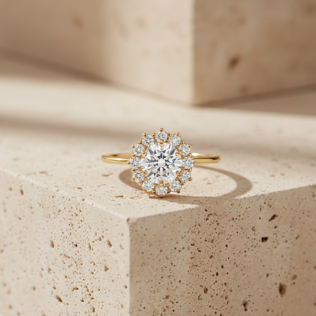 Halo Round Cut CVD Diamond Ring – 925 Silver