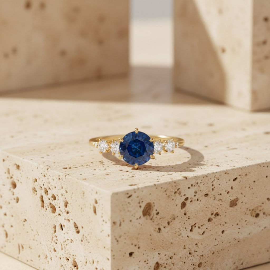 Blue Sapphire & Diamond Halo Ring – 925 Silver Minimalist Engagement Jewelry