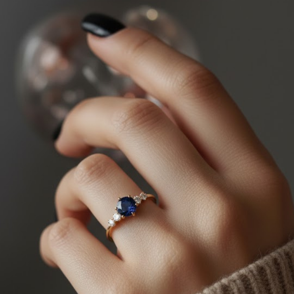 Blue Sapphire & Diamond Halo Ring – 925 Silver Minimalist Engagement Jewelry