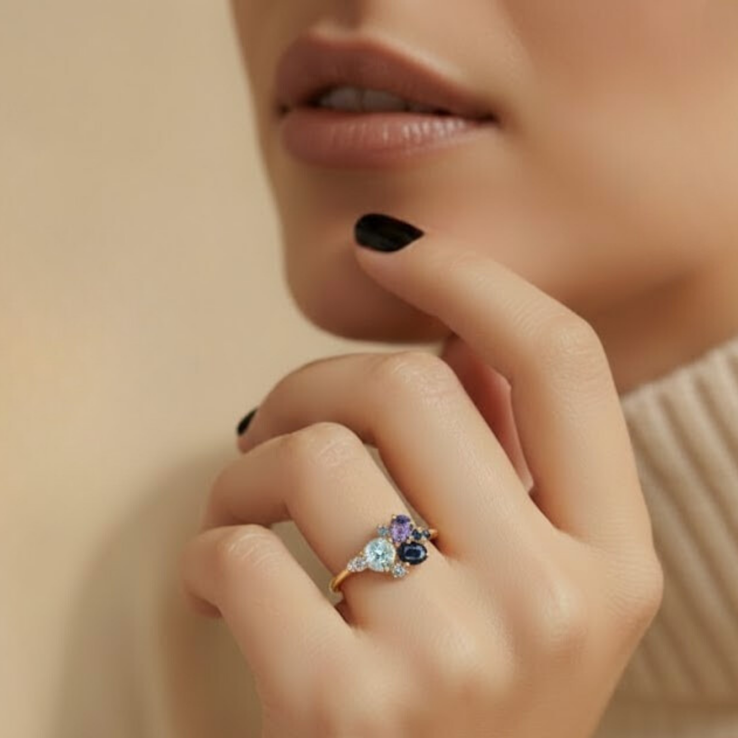 Multi Gemstone CVD Diamond Ring – 925 Silver Colorful Minimal Jewelry