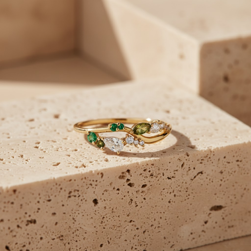 Emerald & Diamond Ring – 925 Silver Minimalist Band