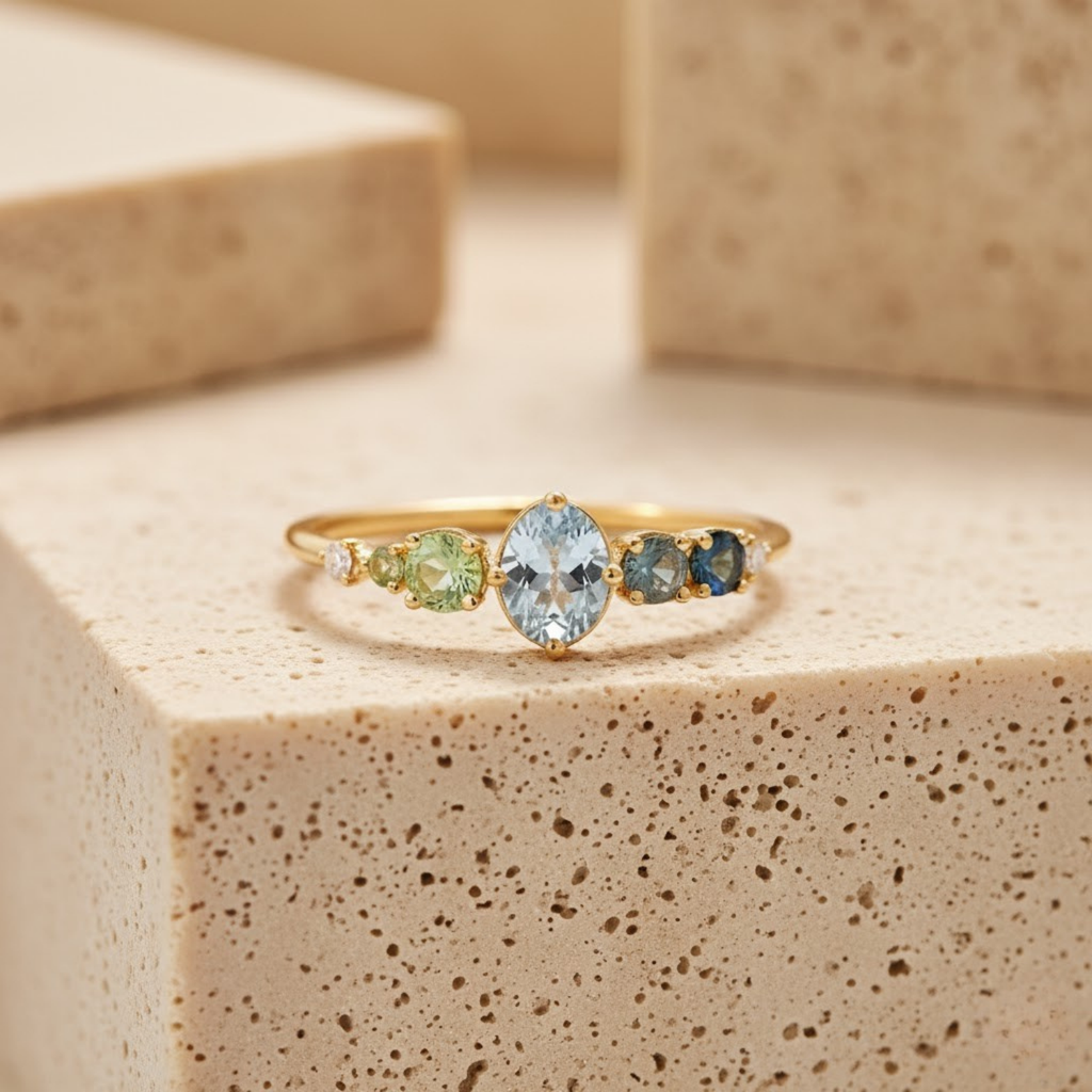 Aquamarine & Tourmaline Diamond Ring – 925 Silver