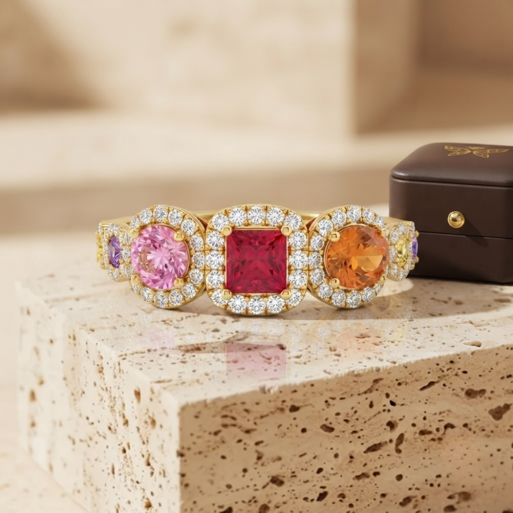 The Luminous Multi-Gemstone Halo Statement Ring