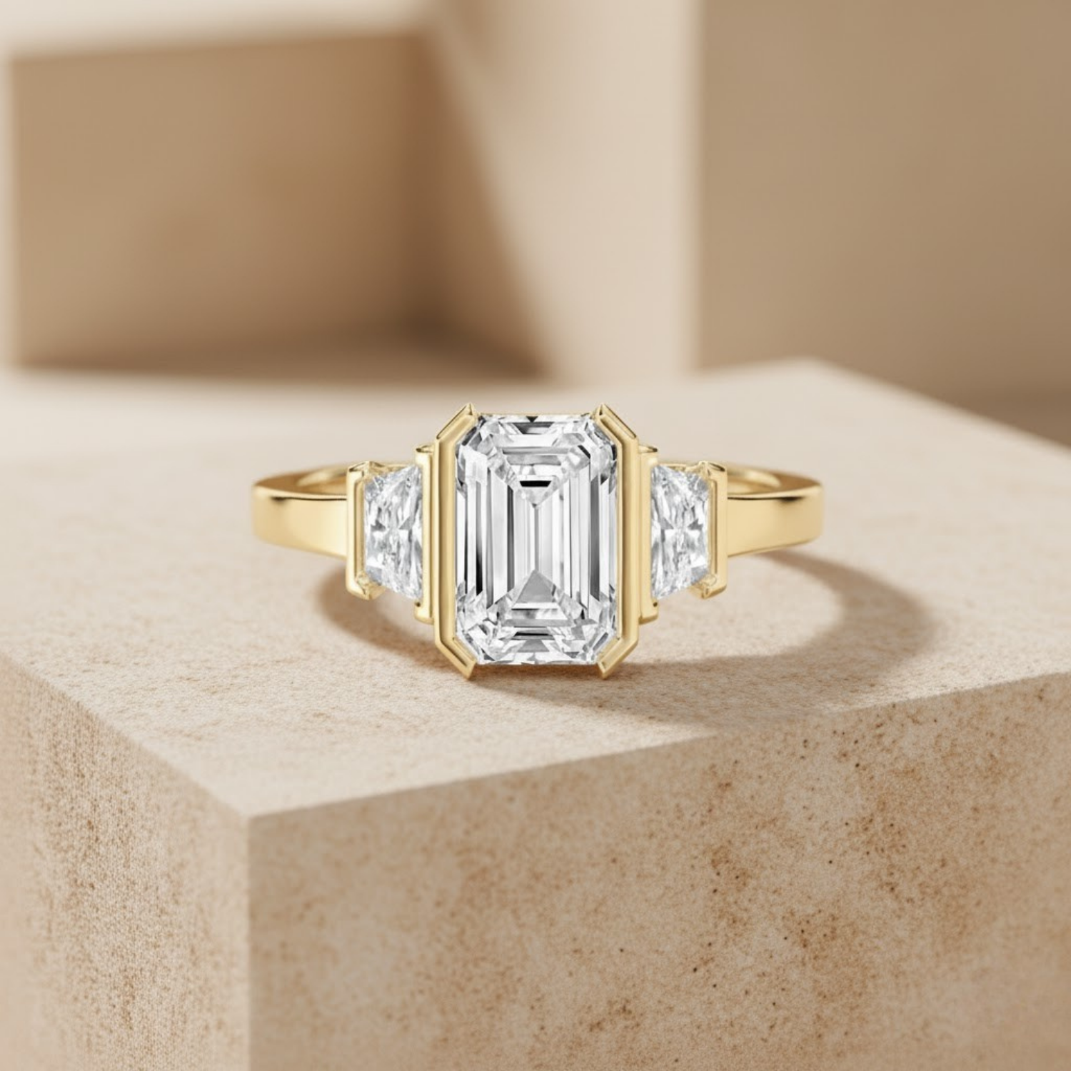 Three-Stone Emerald Cut CVD Diamond Ring – 925 Silver