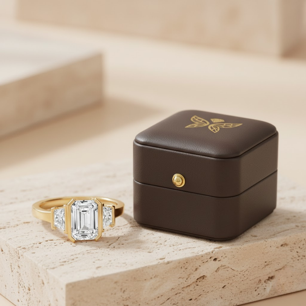 Three-Stone Emerald Cut CVD Diamond Ring – 925 Silver