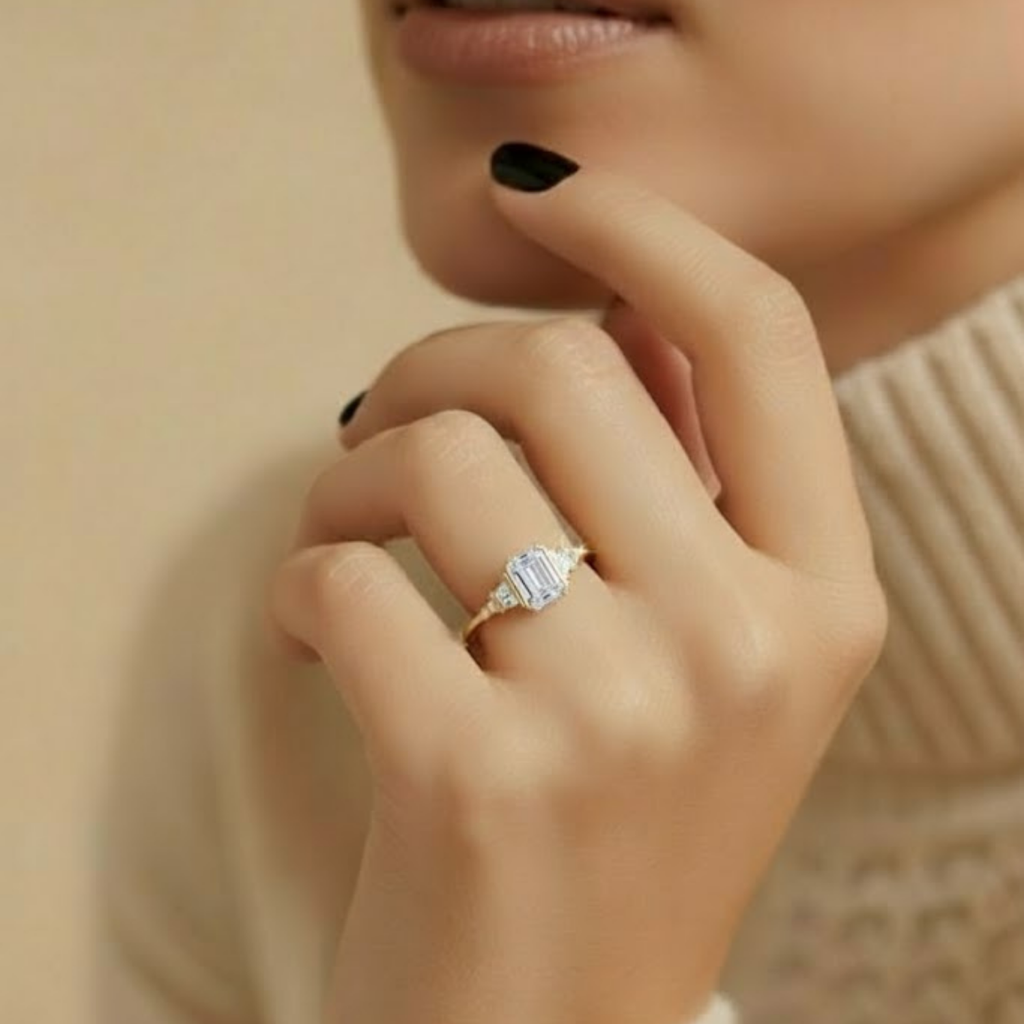 Three-Stone Emerald Cut CVD Diamond Ring – 925 Silver