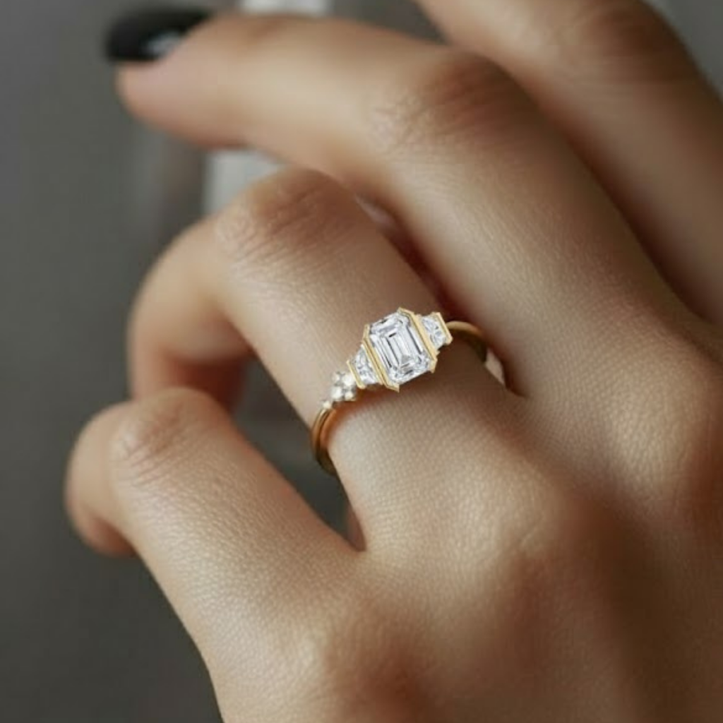 Three-Stone Emerald Cut CVD Diamond Ring – 925 Silver