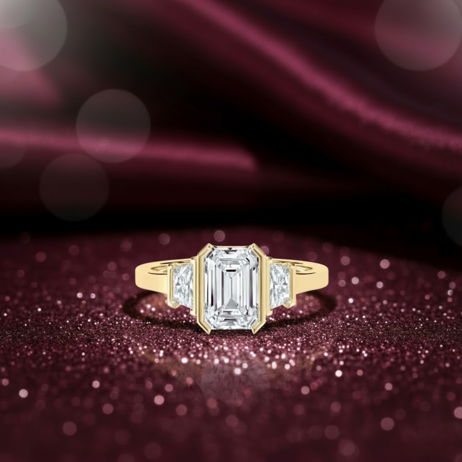 Three-Stone Emerald Cut CVD Diamond Ring – 925 Silver
