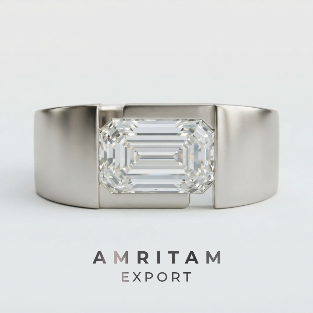 Lab-Grown Diamond Men’s East-West Bezel Ring | Emerald Cut Bold Architectural Signet Ring