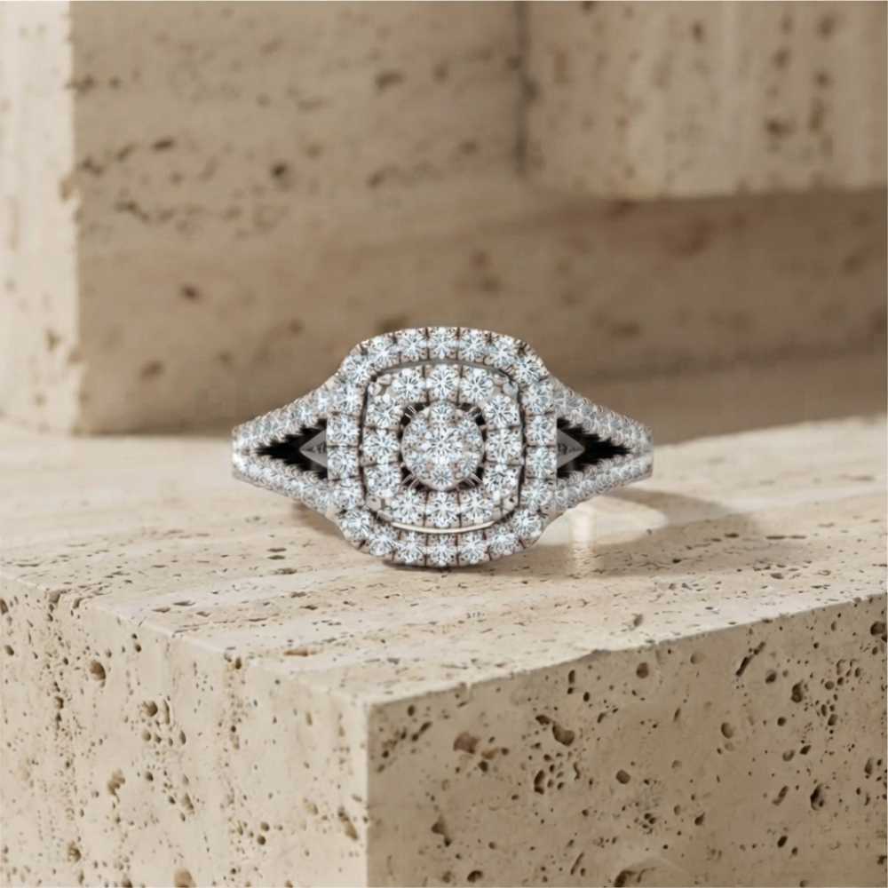 The Luminous Double-Halo Cushion Cluster Statement Ring