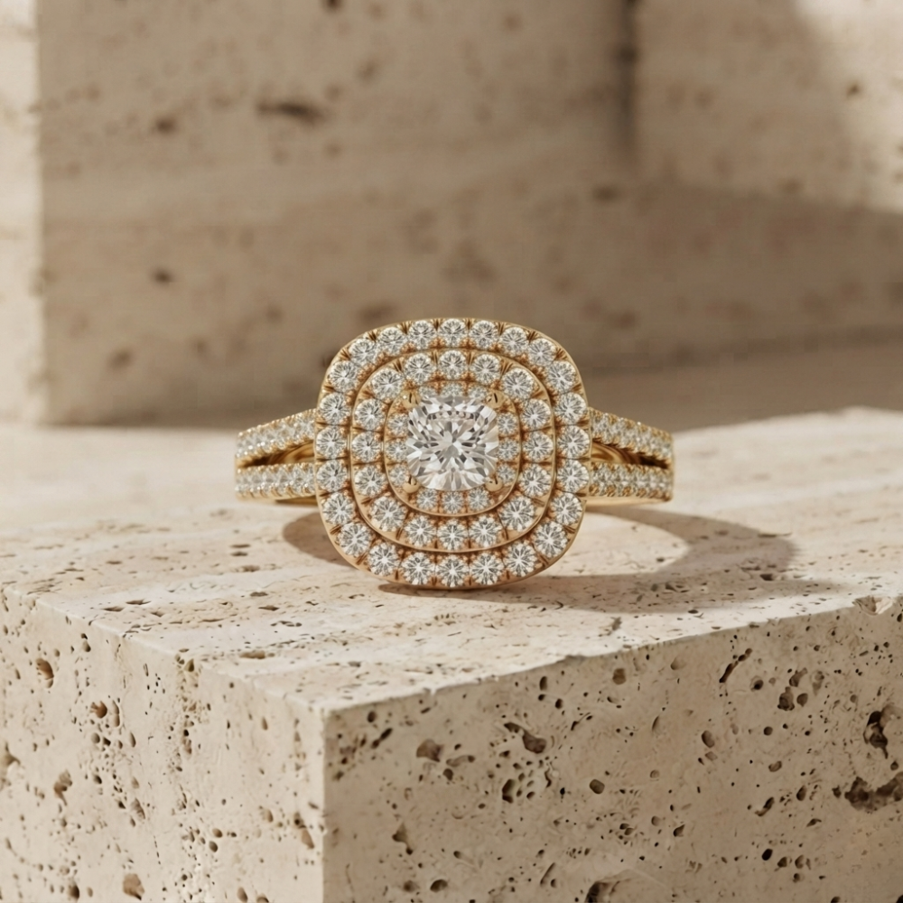 Exquisite Cushion Cut Double Halo Engagement Ring with Split Pave Band