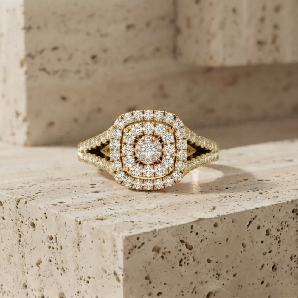 The Luminous Double-Halo Cushion Cluster Statement Ring