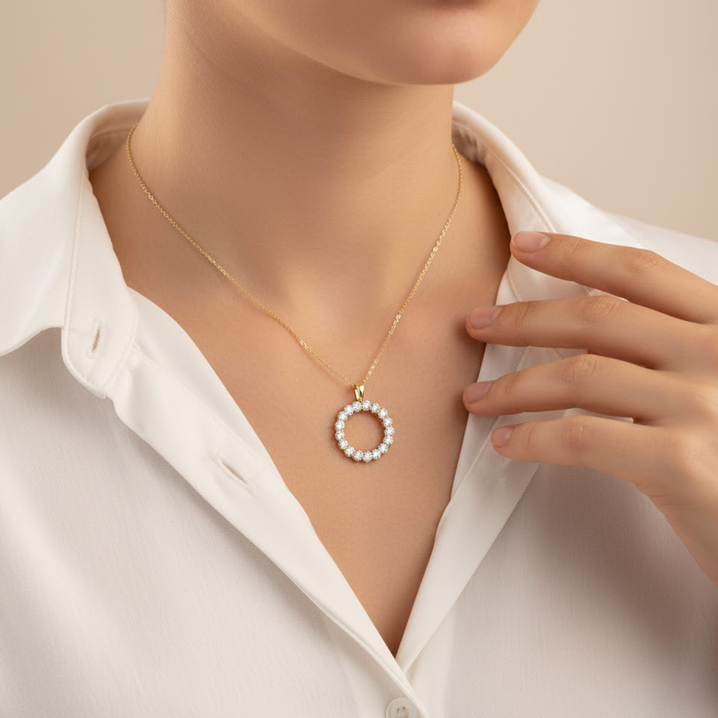 Round Halo Circle Pendant – 925 Silver CVD Diamond Necklace