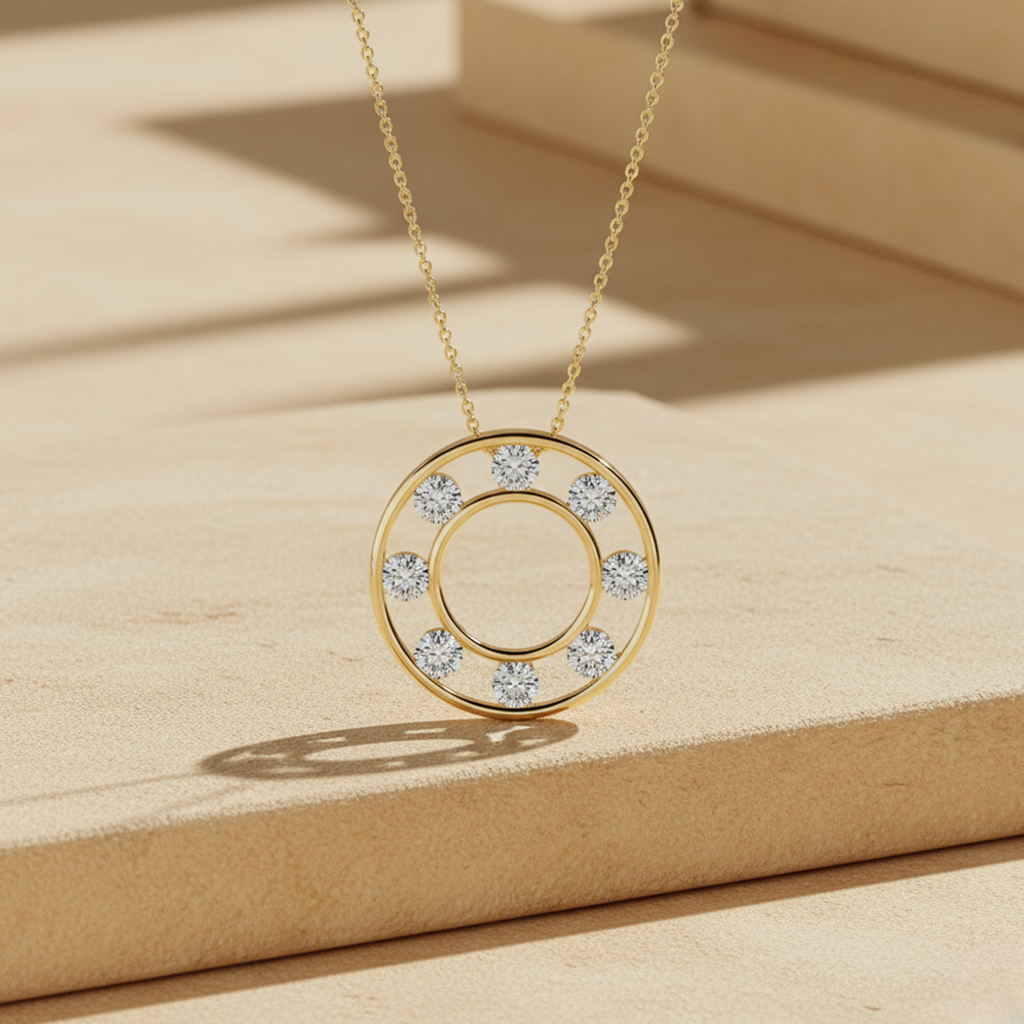 Double Ring Pendant Necklace – 925 Silver CVD Diamond Modern Design