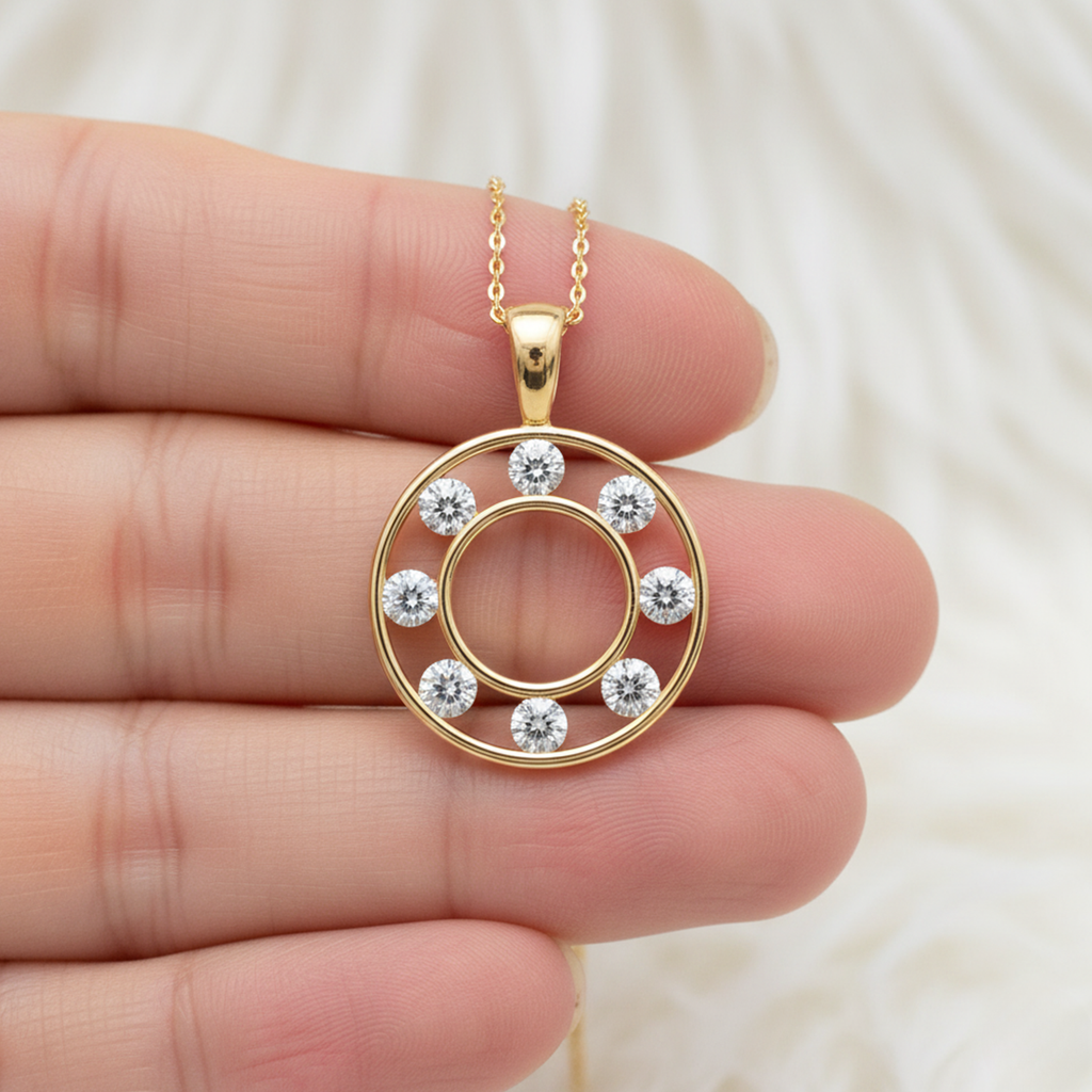 Double Ring Pendant Necklace – 925 Silver CVD Diamond Modern Design