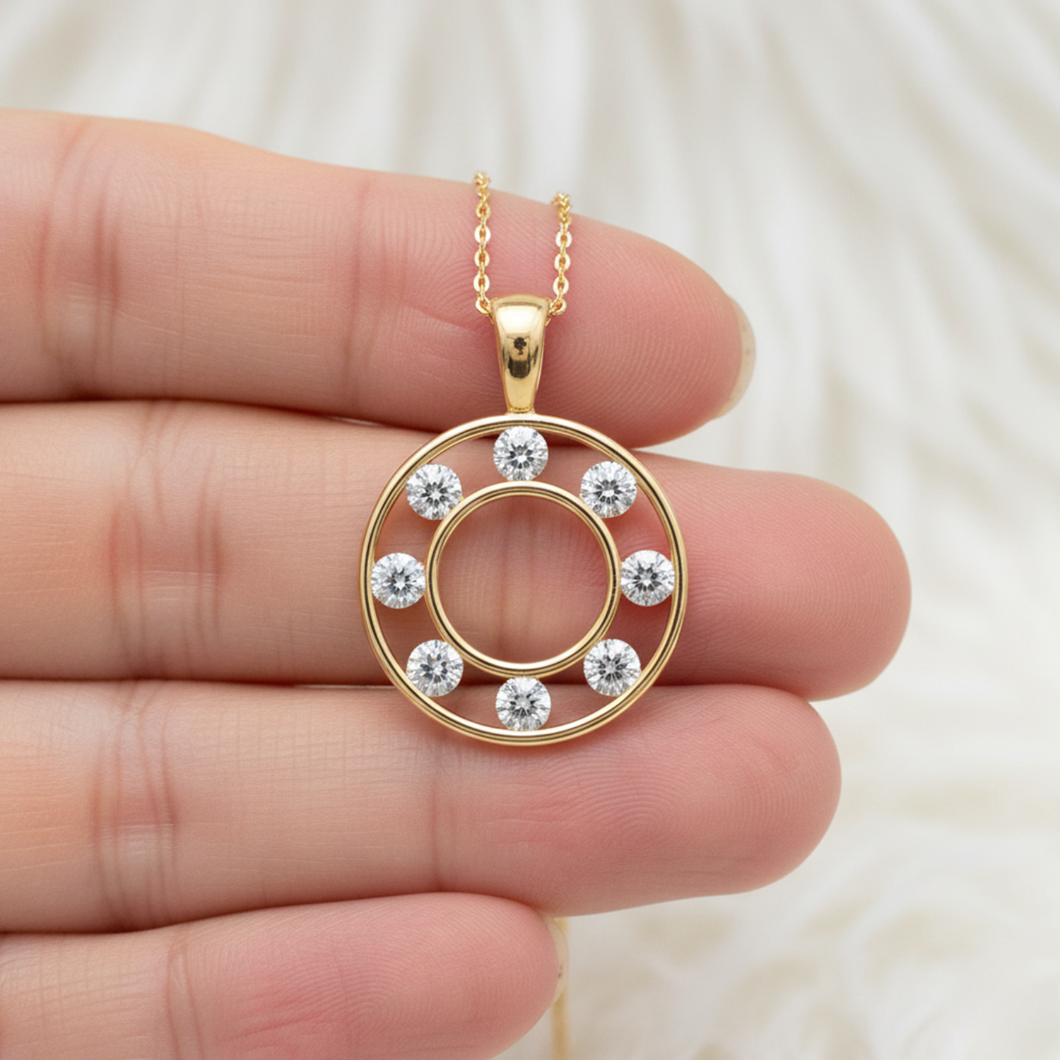 Double Ring Pendant Necklace – 925 Silver CVD Diamond Modern Design