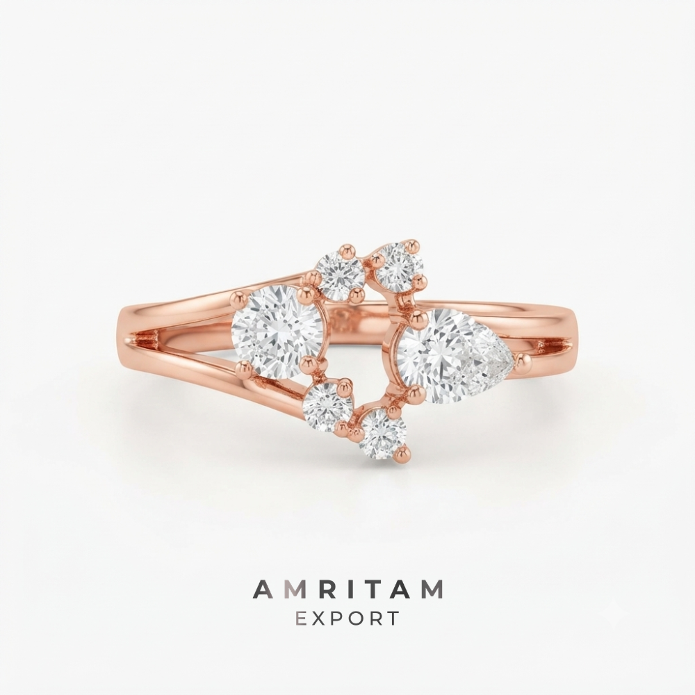 Round & Pear Cut Open Frame Rose Gold Statement Ring