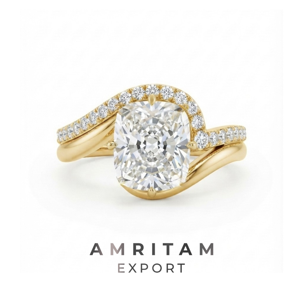 Cushion Cut Curved Pave Gold Bridal Ring Set