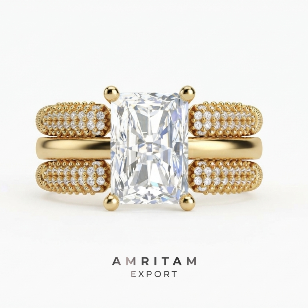 Lab-Grown Diamond  Radiant Cut Multi-Row Pave Gold Bridal Ring Set