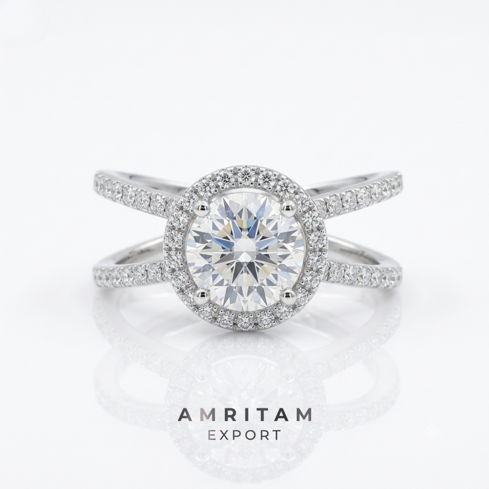 The Luminous Round Halo Split-Shank Statement Ring